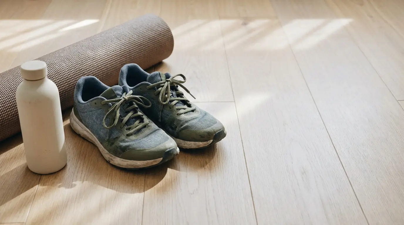 Sneakers, yoga mat, and water bottle on sunlit wooden floor