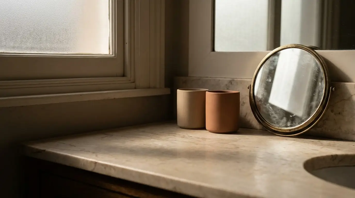 Antique round mirror and ceramic cups on a marble bathroom countertop in soft natural light