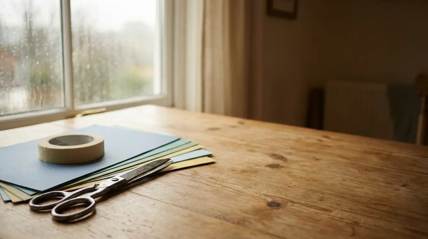 Scissors, masking tape, and colored paper on a wooden table near a rainy window