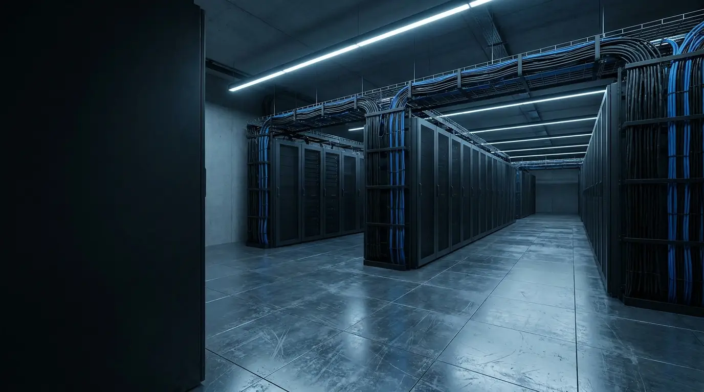 Dark data center with rows of server racks and overhead cable management in cool lighting