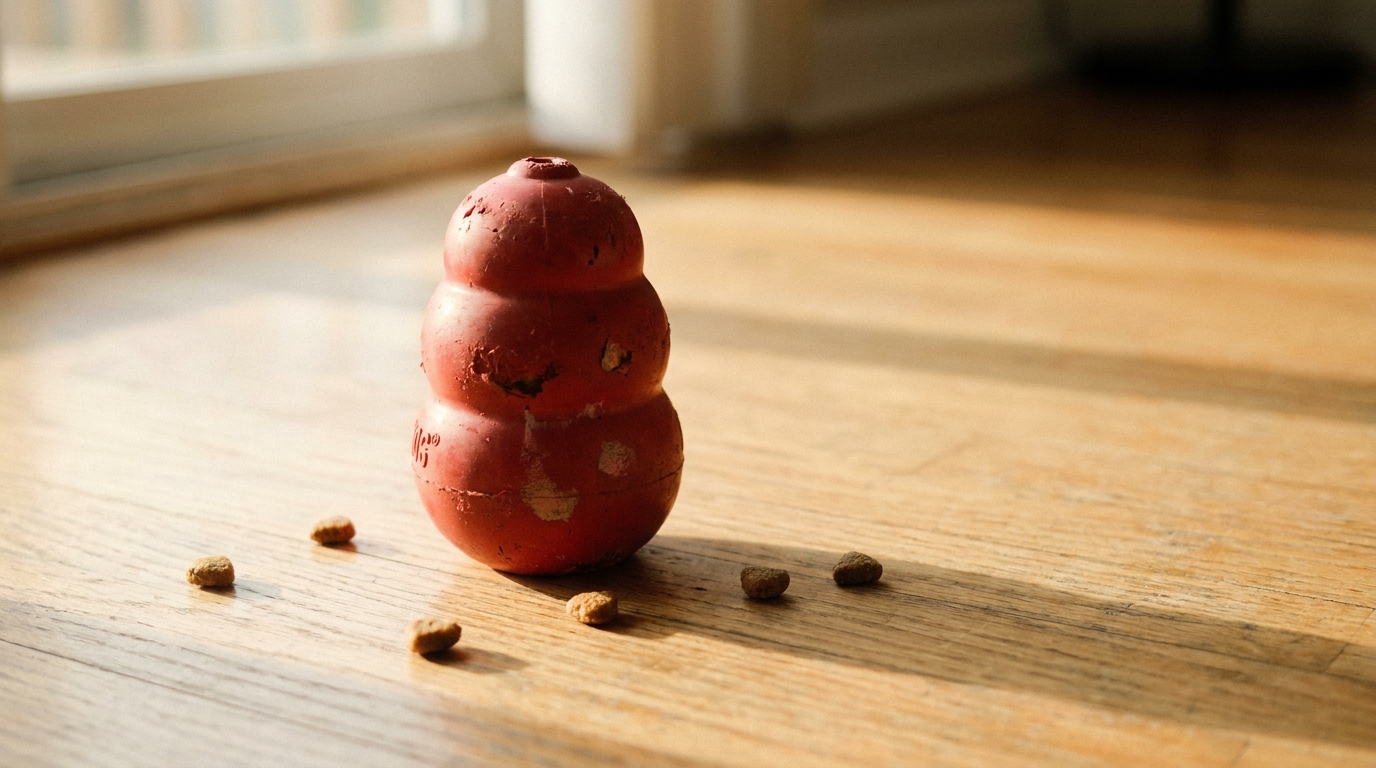 Red dog chew toy with scattered kibble on sunlit wooden floor