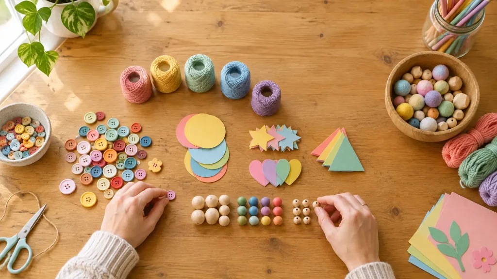 Crafting supplies neatly arranged on wooden table with hands sorting colorful buttons and beads