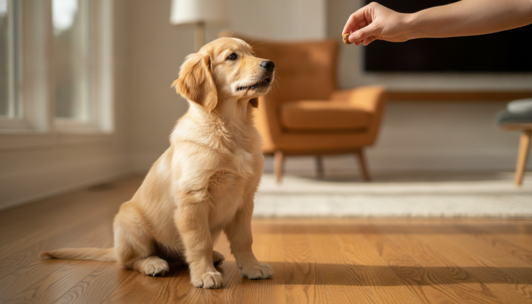 Golden retriever puppy sitting on hardwood floor indoors, looking at treat in human hand