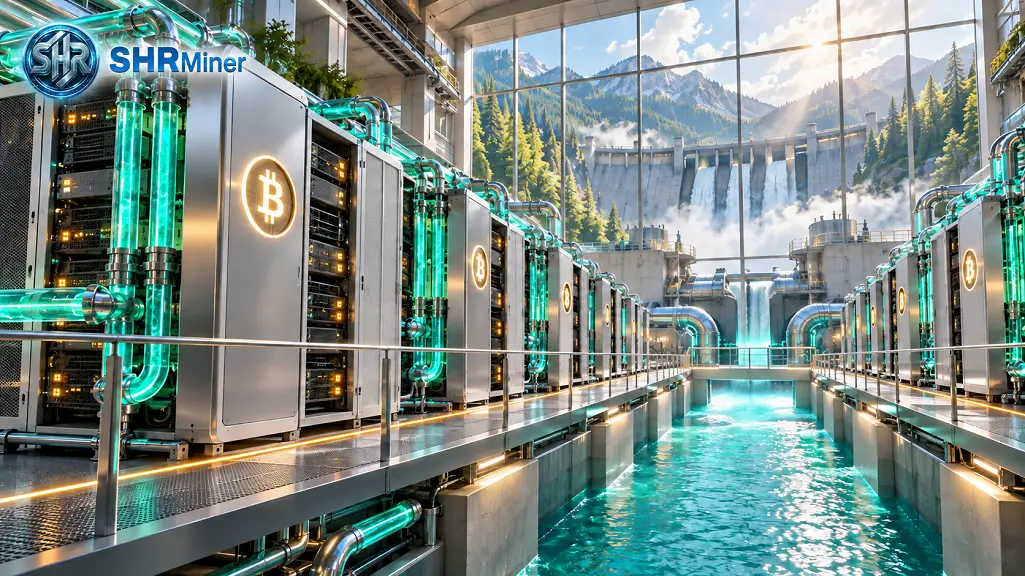 Cryptocurrency mining facility with network servers and turquoise cooling system, large windows overlooking dam and mountains