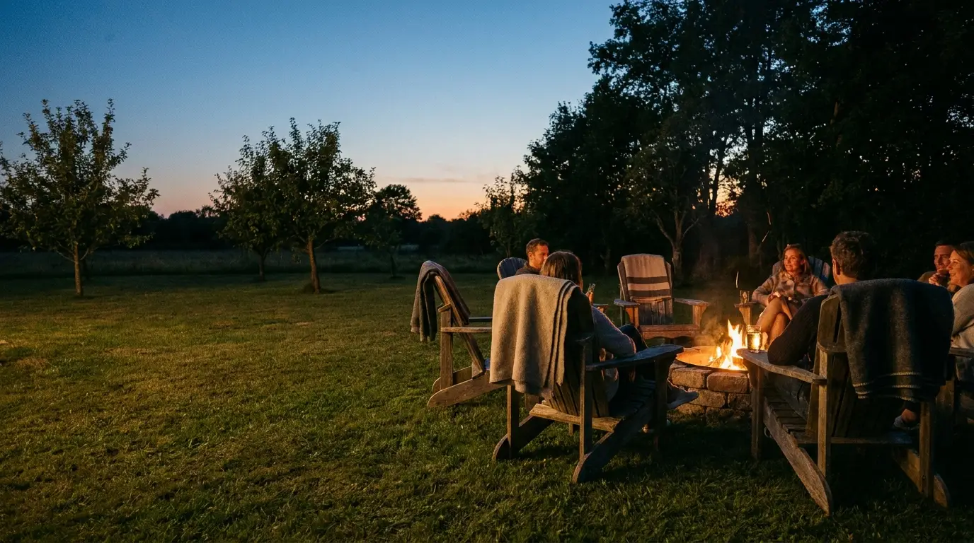 People sitting around a campfire in wooden chairs at dusk in a grassy backyard setting