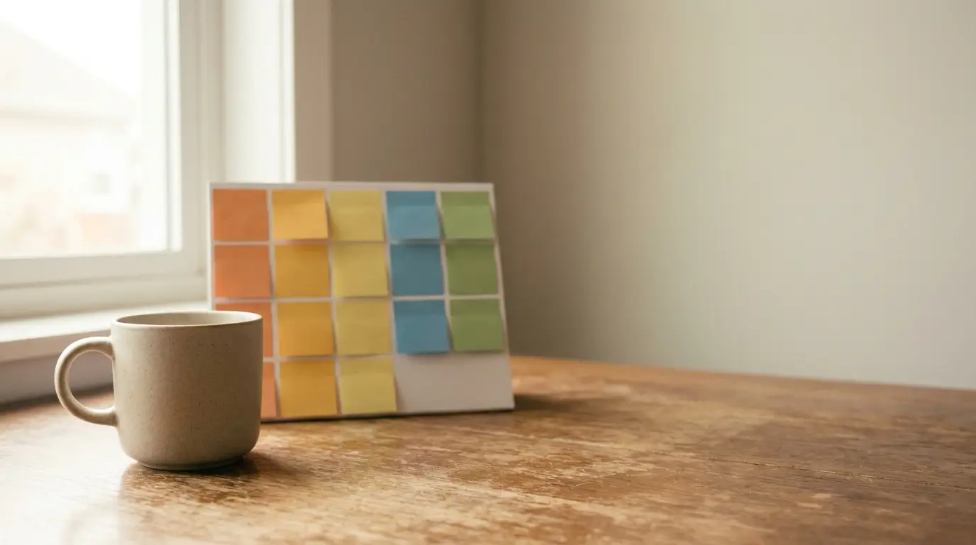 Mug and colorful sticky notes on a wooden desk in natural light from a window