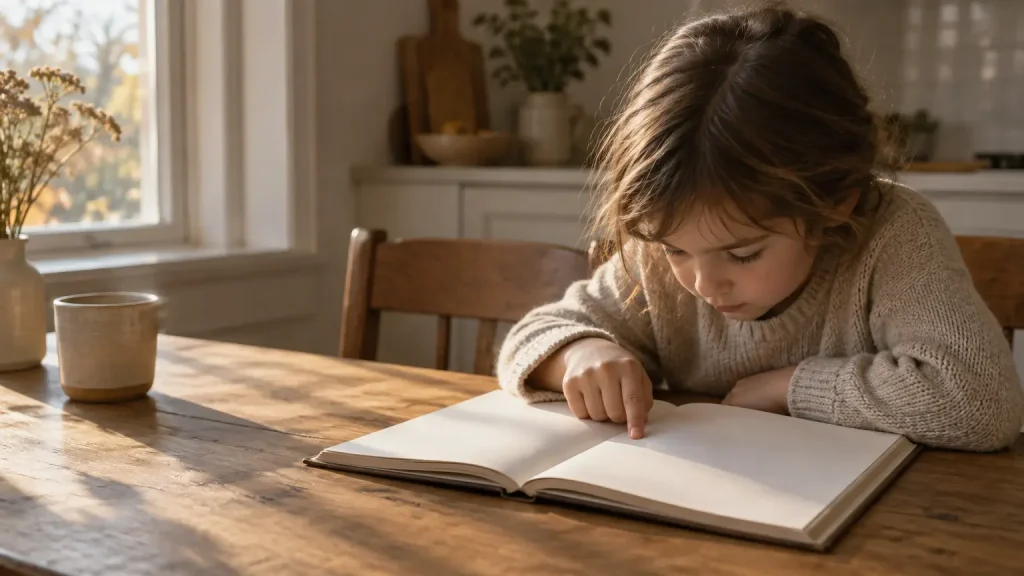 Young child reading book at wooden table in cozy sunlit room