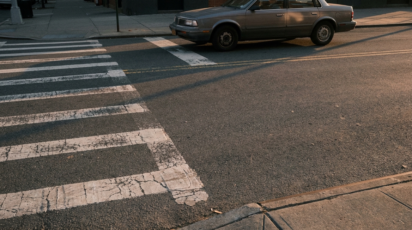 Gray sedan parked at crosswalk on urban street with cracked asphalt in soft evening light