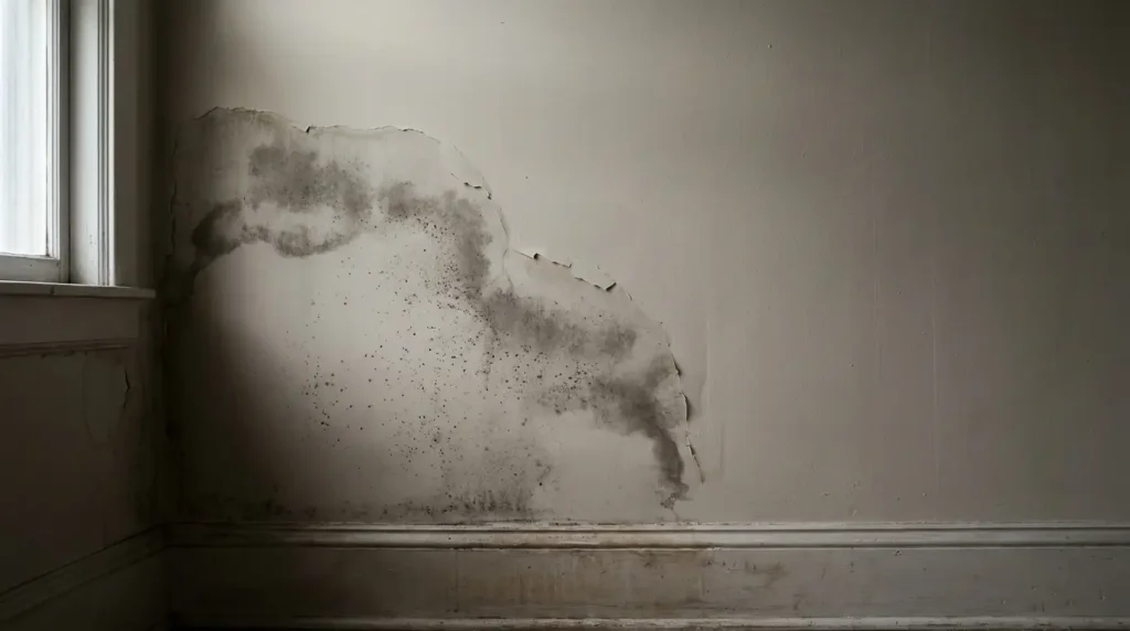Peeling wall with mold stains in dimly lit room corner