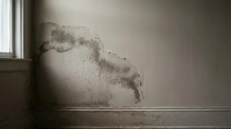 Peeling wall with mold stains in dimly lit room corner