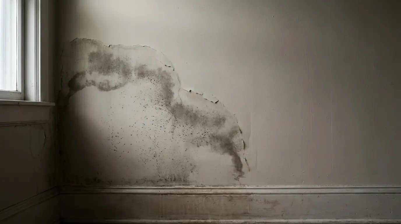 Peeling wall with mold stains in dimly lit room corner