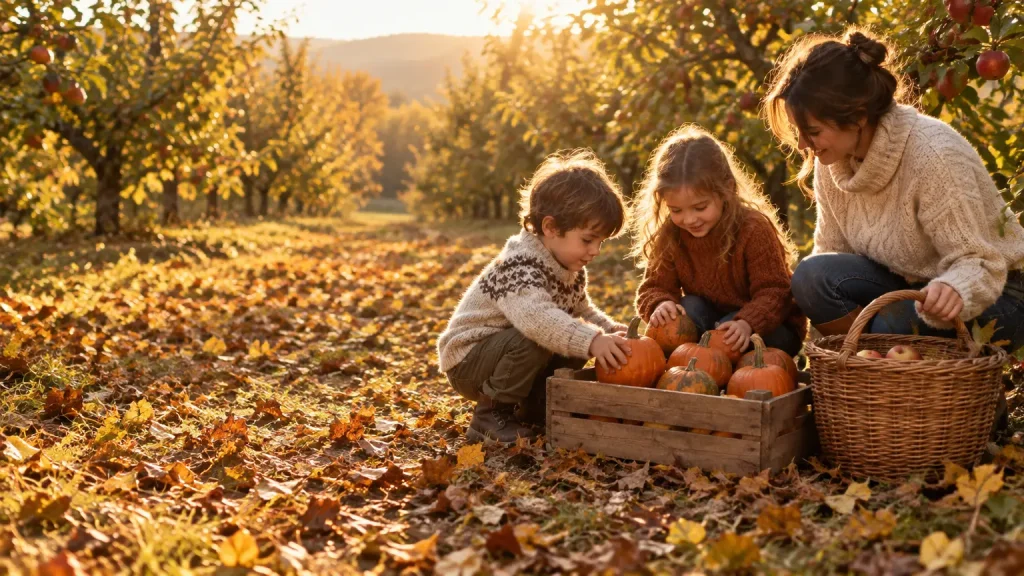 Children and woman gathering pumpkins in orchard during autumn with golden sunlight