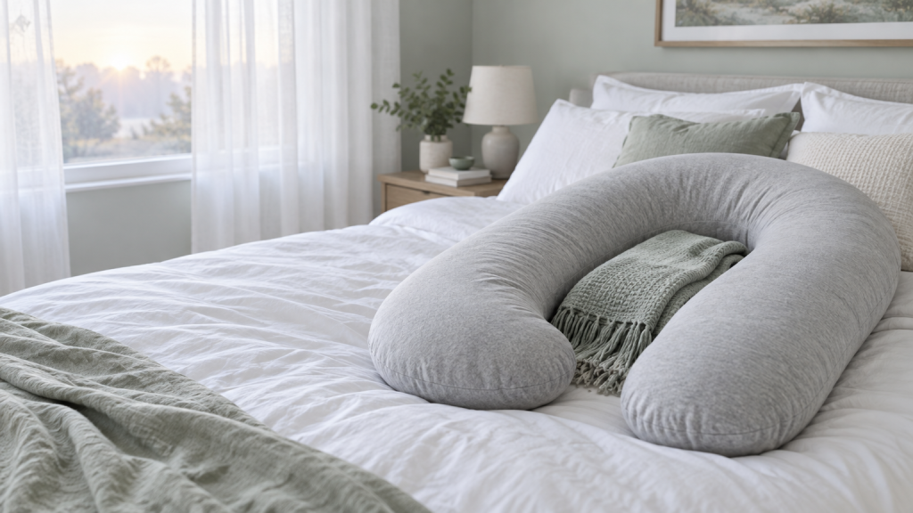 Cozy bedroom with large grey body pillow on white bed next to green blanket