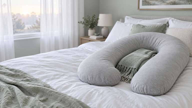 Cozy bedroom with large grey body pillow on white bed next to green blanket