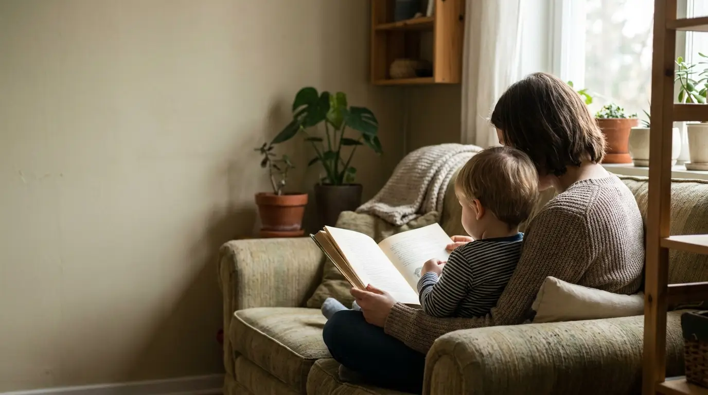 Mother and child reading a book on a cozy sofa in a living room