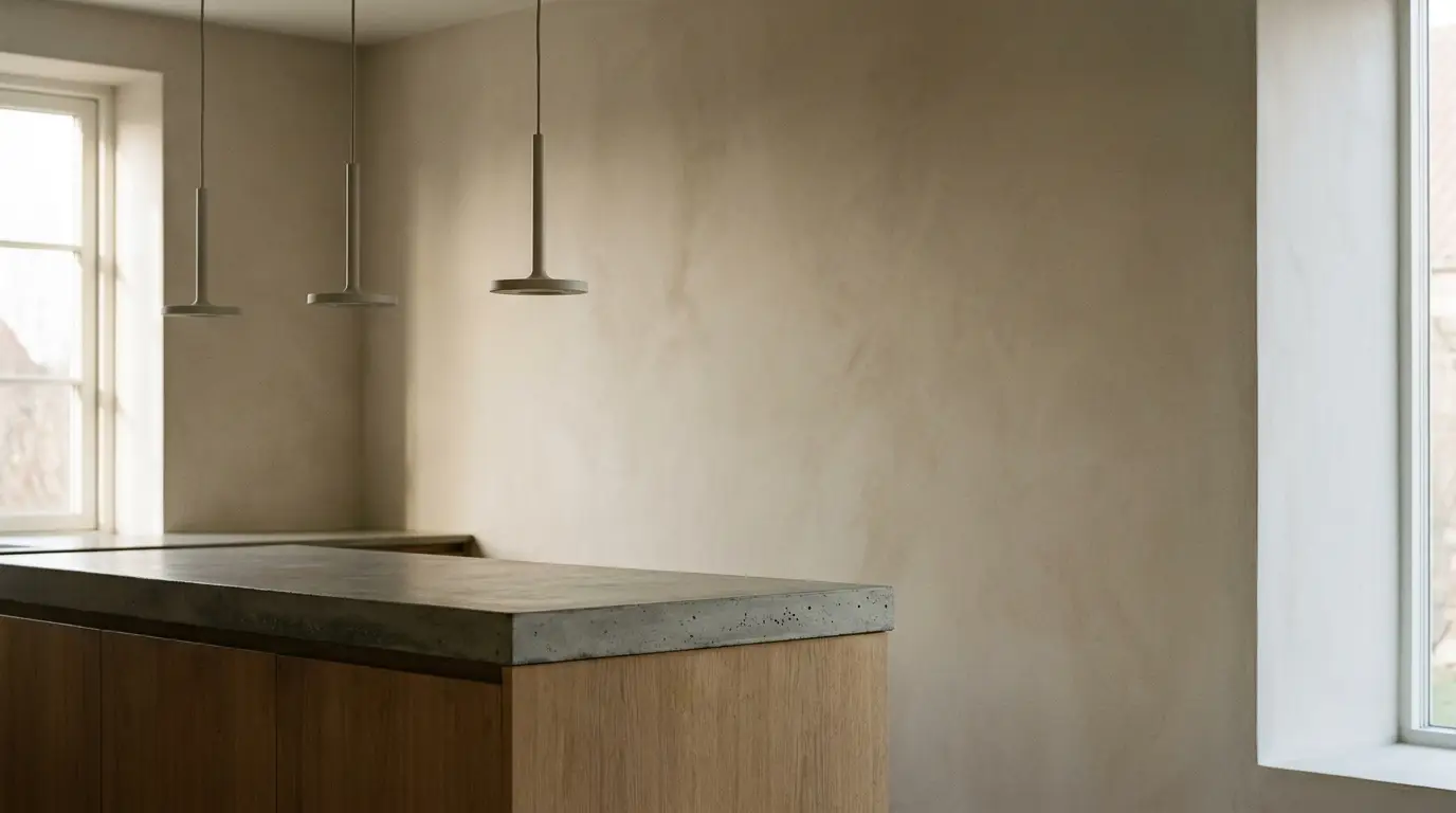 Minimalist kitchen with concrete countertop, wooden cabinets, and pendant lights in natural lighting