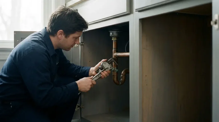 Plumber repairing pipes under a kitchen sink in a well-lit room