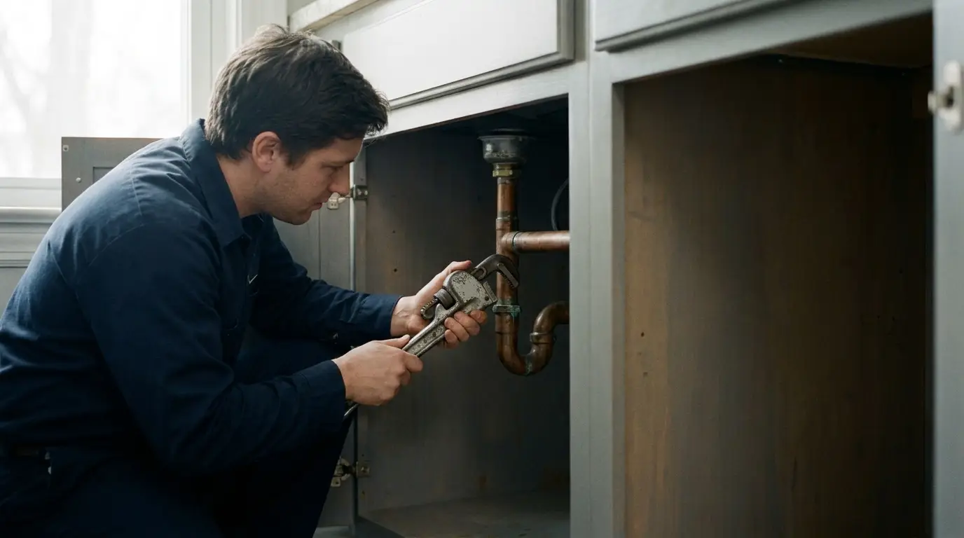 Plumber repairing pipes under a kitchen sink in a well-lit room