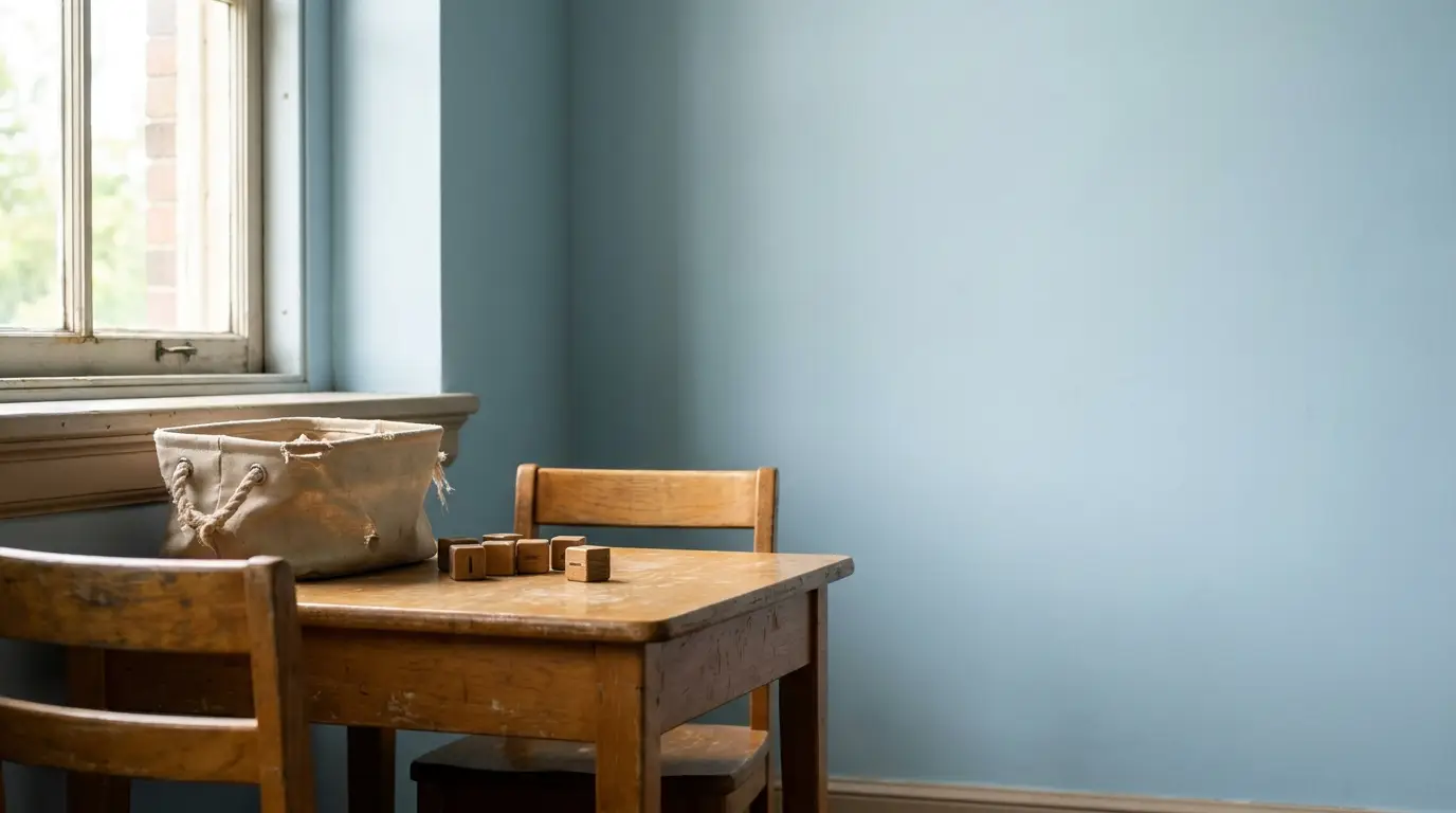 Wooden table with chairs and blocks in a sunlit room with blue walls