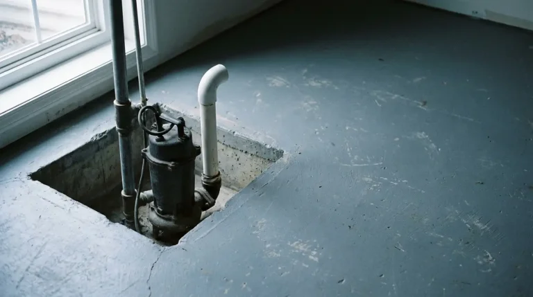 Sump pump installation in concrete basement floor near window with natural light
