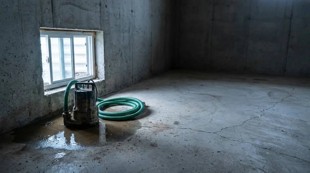 Sump pump with green hose on wet concrete basement floor near window