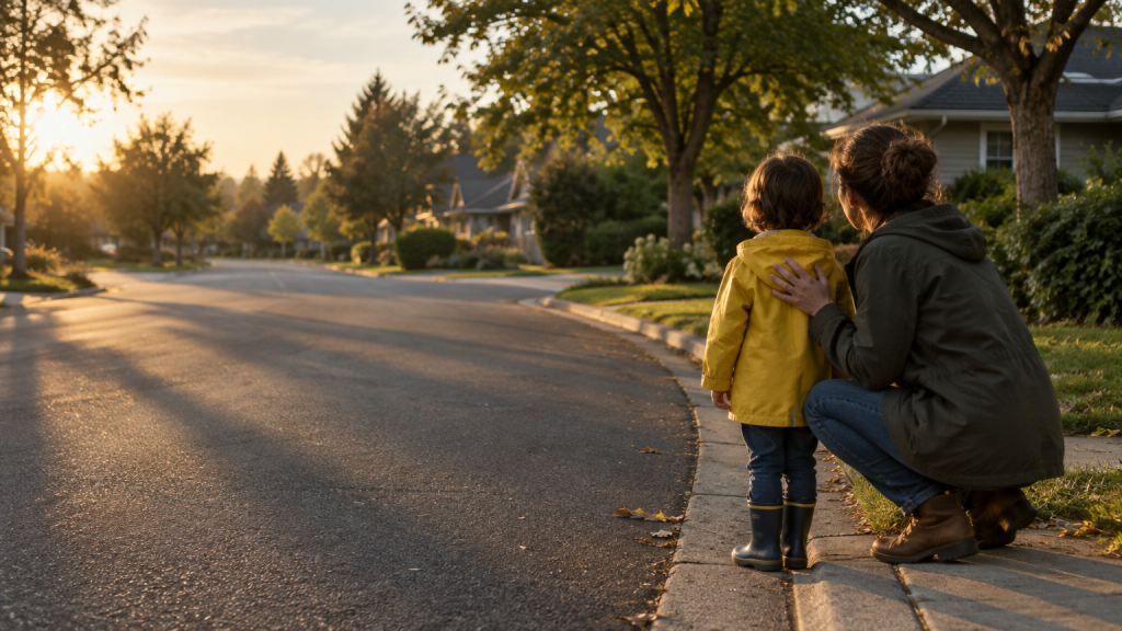 Child in yellow raincoat and adult kneeling on suburban sidewalk at sunset