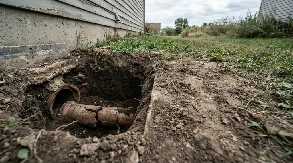 Broken clay pipe in dug-out hole beside house foundation in outdoor yard setting