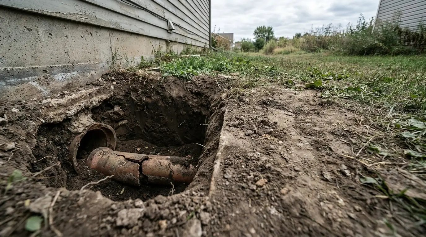 Broken clay pipe in dug-out hole beside house foundation in outdoor yard setting