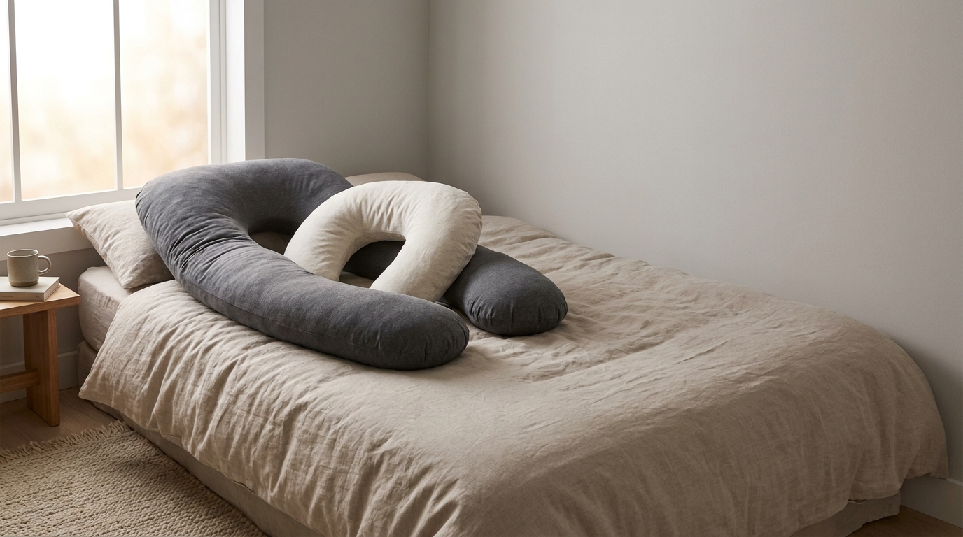 Gray and white maternity pillows on a neatly made bed with beige linens in a minimal bedroom